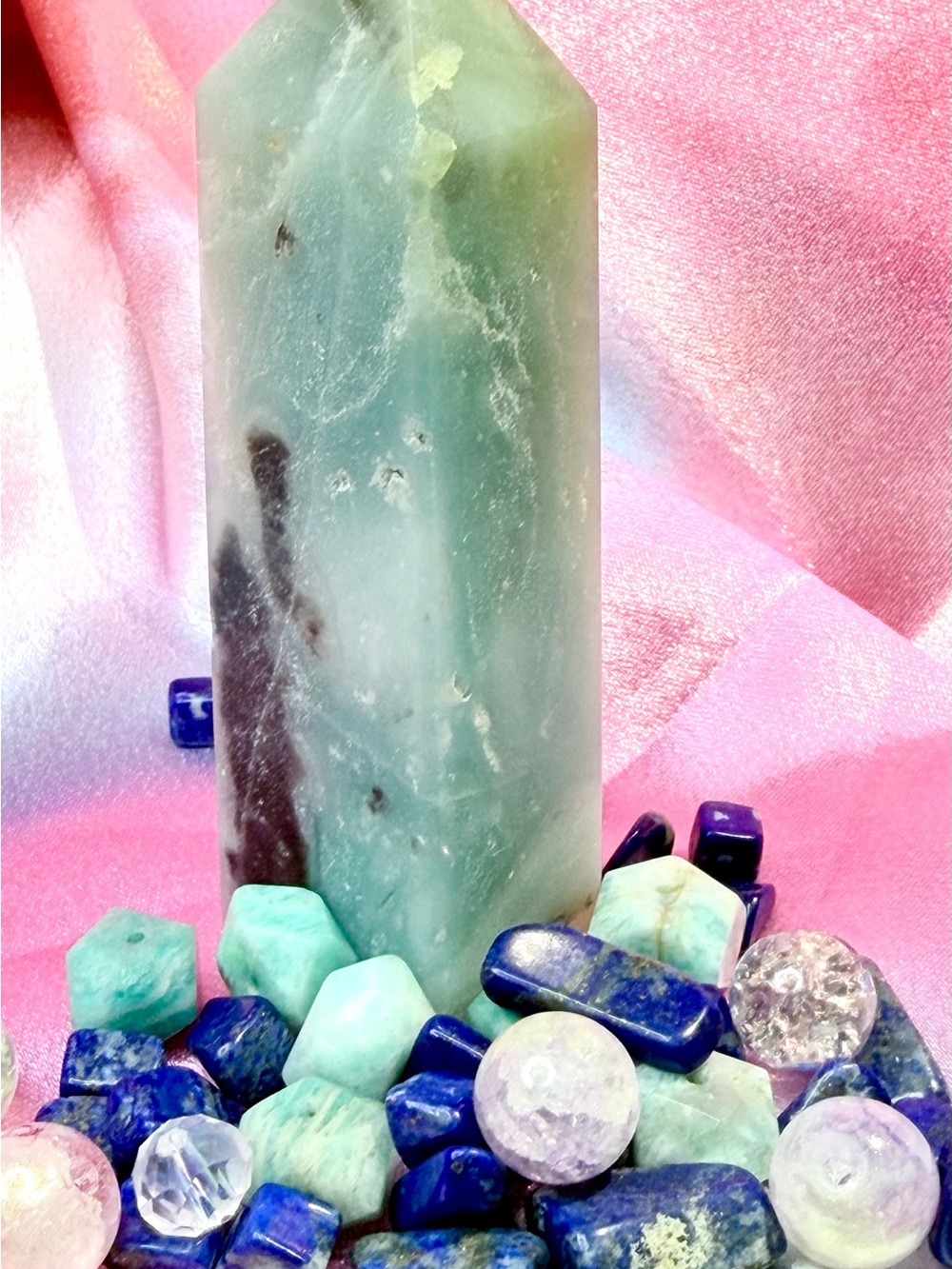 Six Faceted Carved Crystal Tower w Lapis Chips Loose Glass and Gemstone Beads